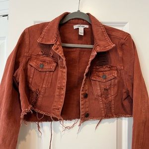 Distressed cropped denim jacket